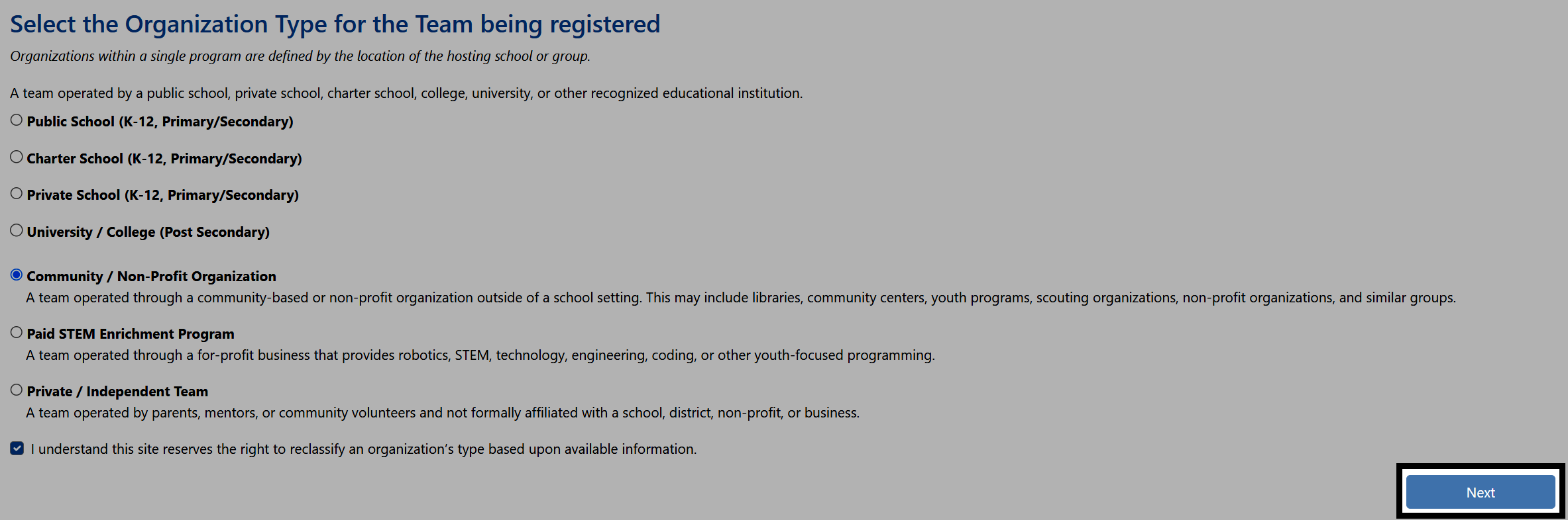 The Team Registration Wizard's organization type screen in the renewal flow, showing the organization type and the checkboxes confirming the organization meets the criteria for that type.