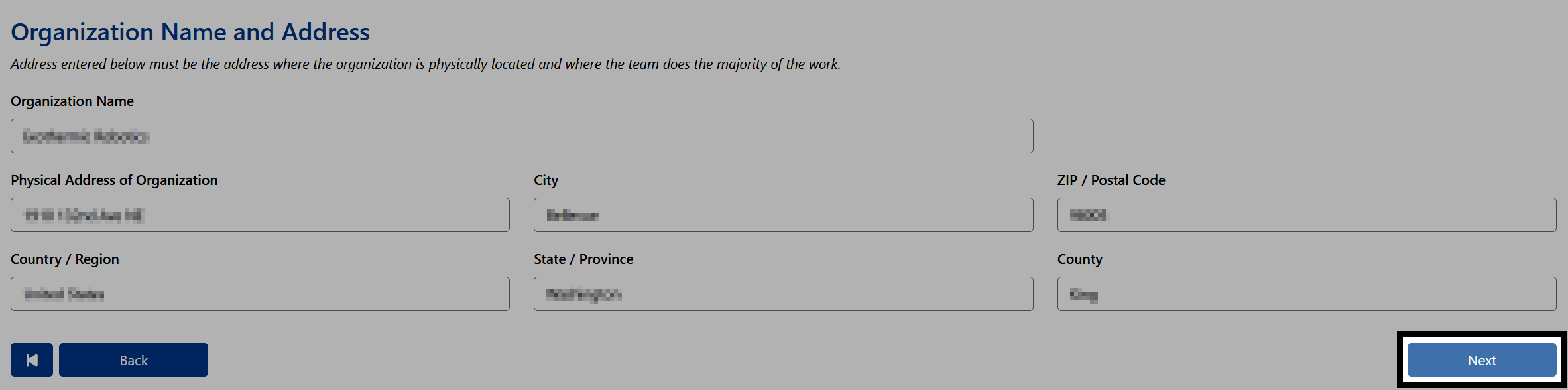 The Team Registration Wizard's organization address screen in the renewal flow, showing the organization's address carried over from the previous season.