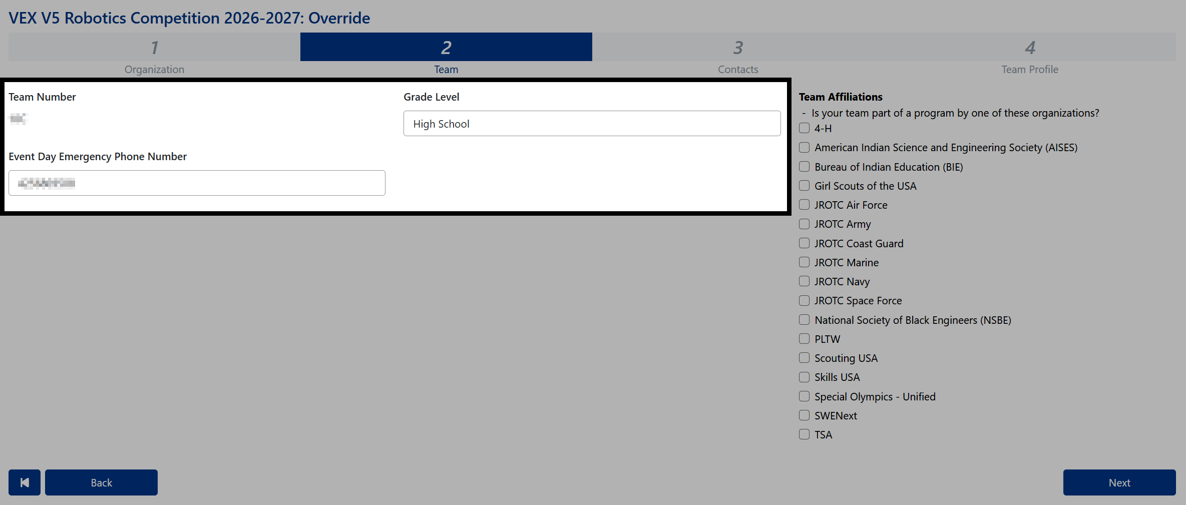 The Team Registration Wizard's team information screen in the renewal flow, showing the carried-over Team Base Number, Event Day Emergency Phone Number, and Grade Level.