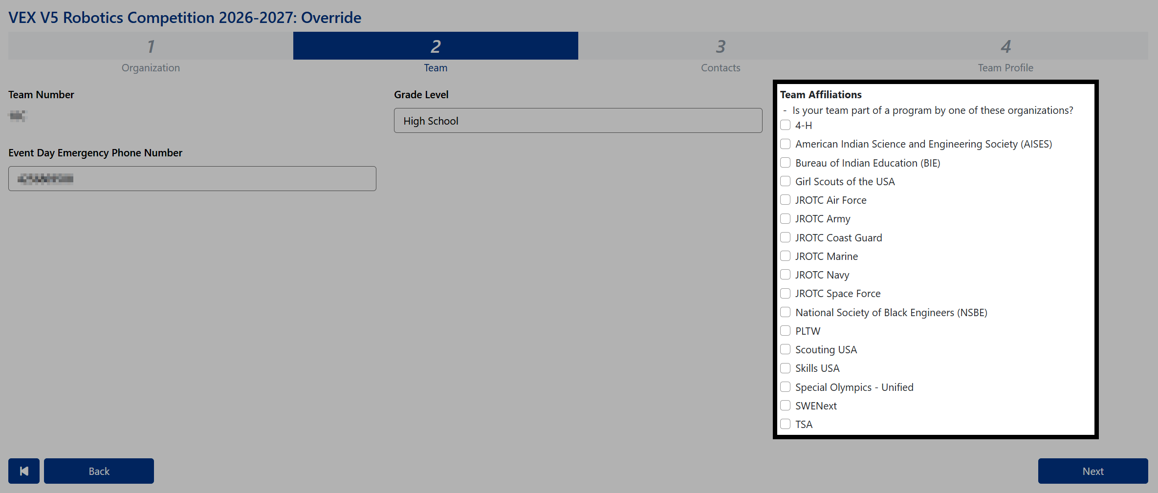 The Team Registration Wizard's affiliated organizations screen in the renewal flow, showing the checkboxes for organizations the team may be affiliated with.