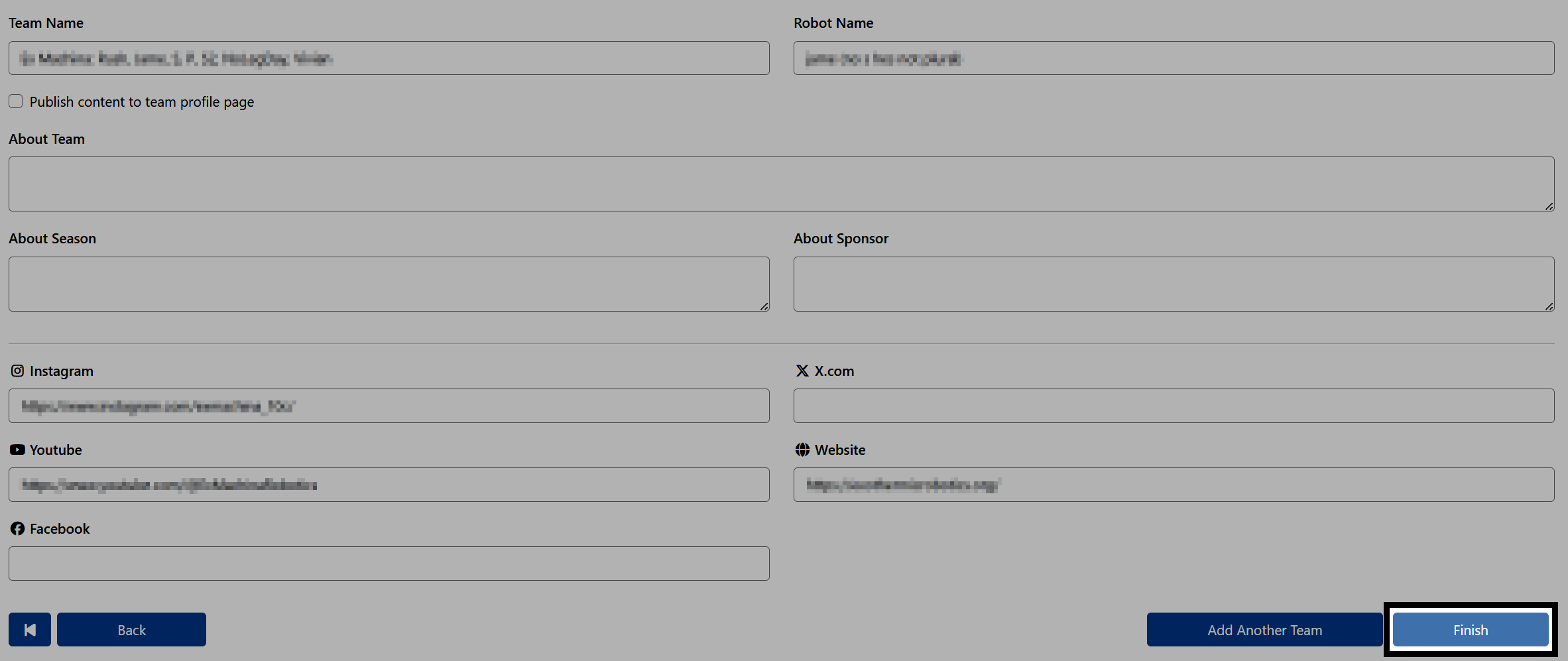 The Team Registration Wizard's Team Profile screen in the renewal flow, showing the carried-over Team Name, Robot Name, and optional profile fields.