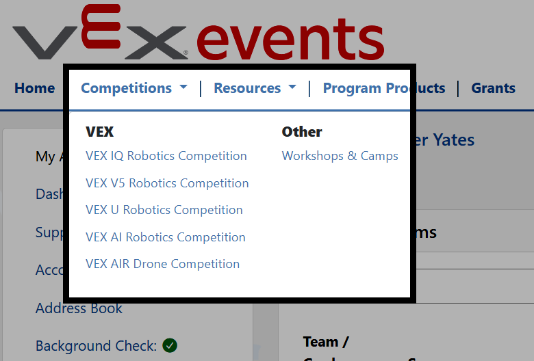 The events.vex.com navigation bar with the Competitions menu in the top left open, showing the list of competition platforms to choose from.