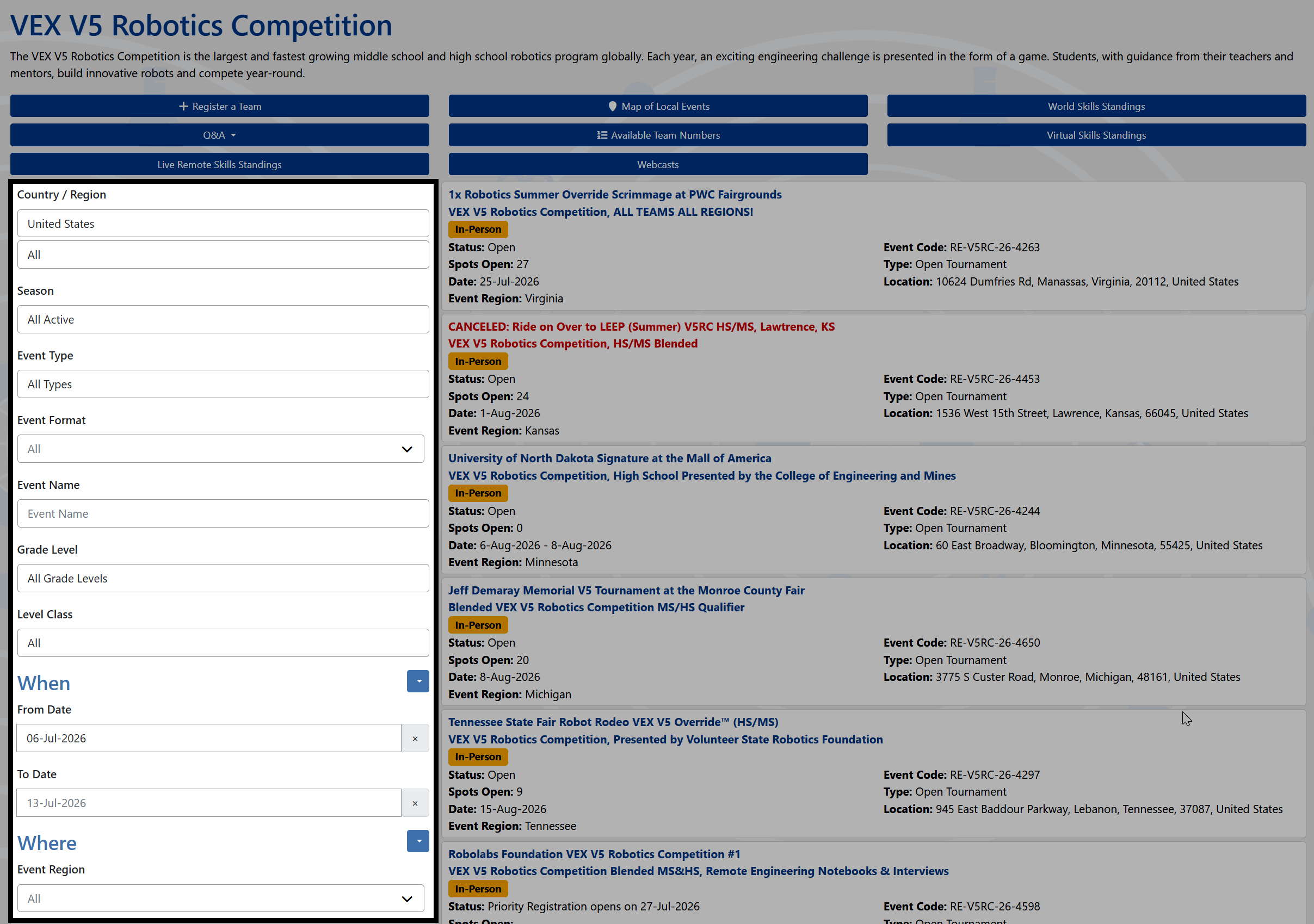 The competitions search page, showing the list of filter options along the left side of the event results.