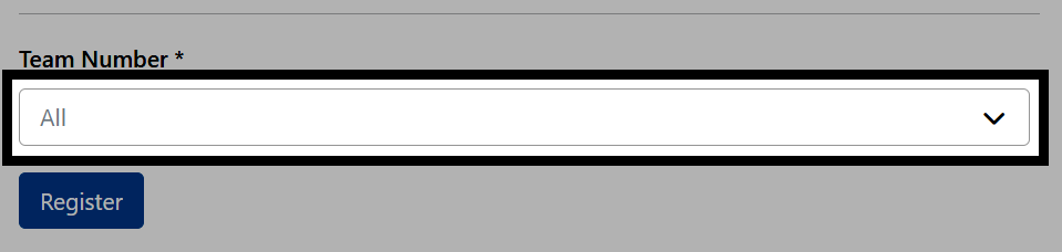 An event page showing the team dropdown list above the Register button, used to choose which team or teams to register.