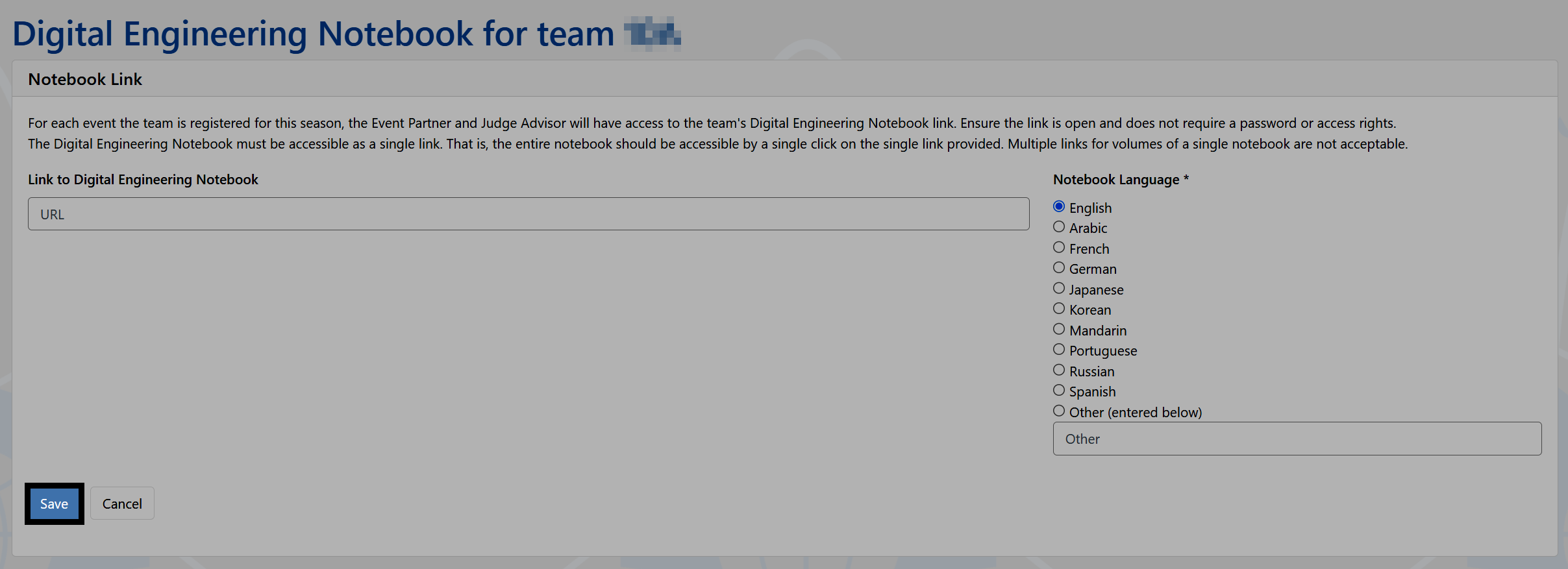 The Save and Cancel buttons at the bottom of the Notebook Link page, with Save highlighted.