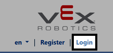 The top-right corner of the events.vex.com page, zoomed in to show the VEX Robotics logo and the Login button highlighted beneath it.