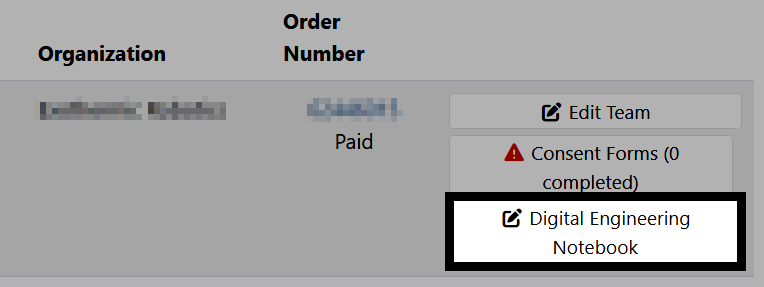 A team's row on the dashboard showing the Digital Engineering Notebook option highlighted.