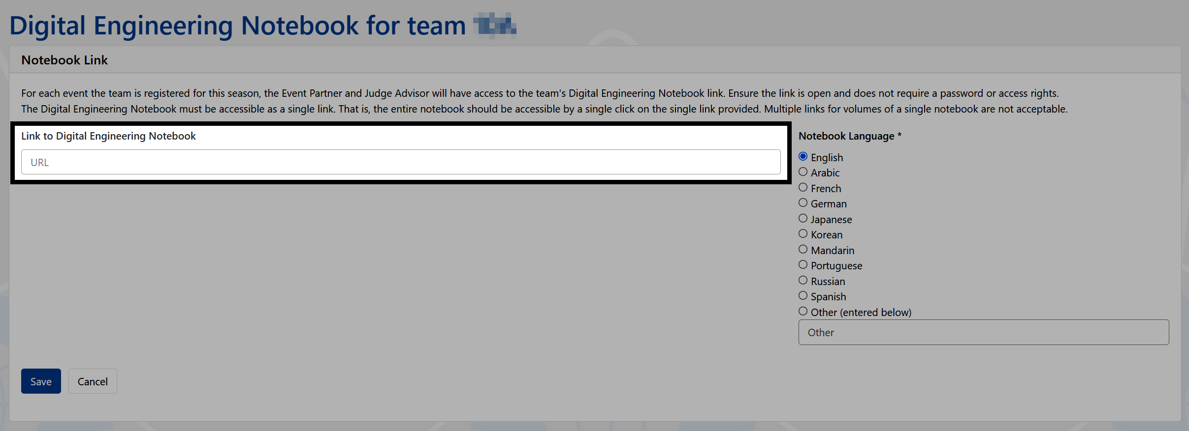 The Notebook Link Submission page with the Link to Digital Engineering Notebook field for pasting the notebook URL.