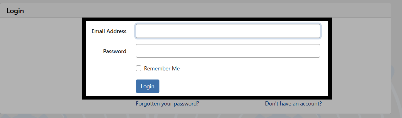The login screen with a text box in the center to enter your email address, the password field directly below it, and a Login button beneath.