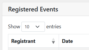 The Registered Events section of the My Account page, showing a table of events with Registrant and Date columns.