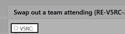 The Swap out a team attending dialog, listing teams with radio buttons to select the replacement team.