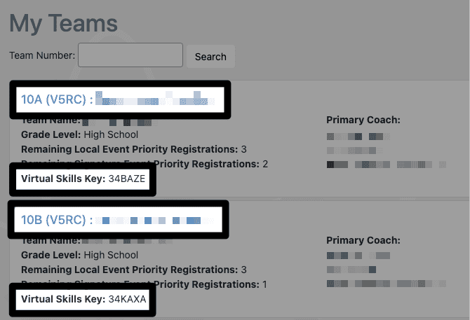 The my teams tab in Vex events. A row is shown for each team. A highlight can be seen on the team number at the top of the row and on the virtual skills key on the bottom of the row. 