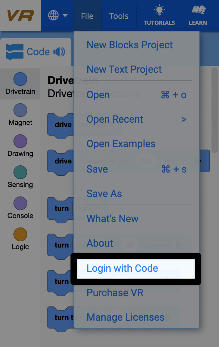 File dropdown menu is opened in VEXcode VR with the Login with Code option highlighted. Login with code is the tenth option in the menu, in between the About and Purchase VR options.