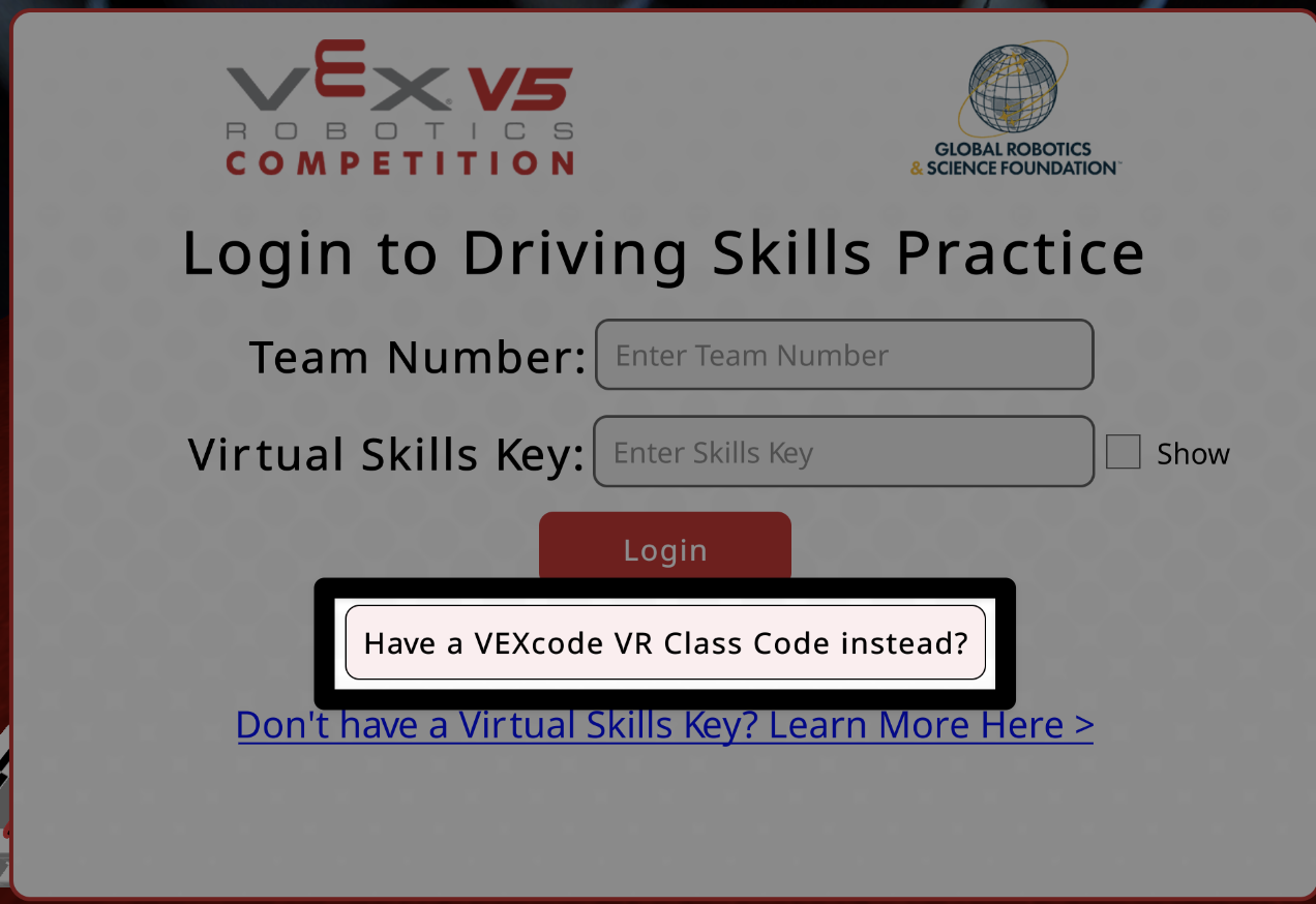 The Login to Driving Skills practice splash screen with the button beneath the Login button highlighted.