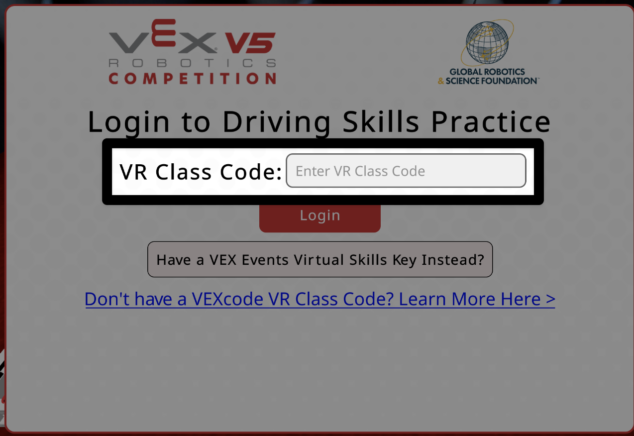 The same splash screen, now with the VR Class Code text box highlighted to enter a class code.