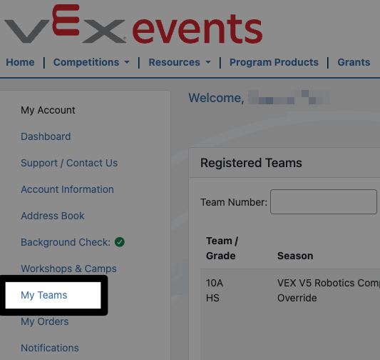 The lefthand navigation on VEX Events with the My Teams option highlighted.