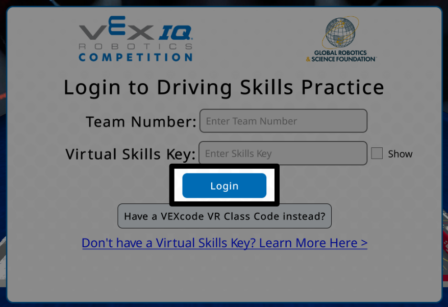 The same Login screen with the Login button below the Virtual Skills Key entry highlighted.