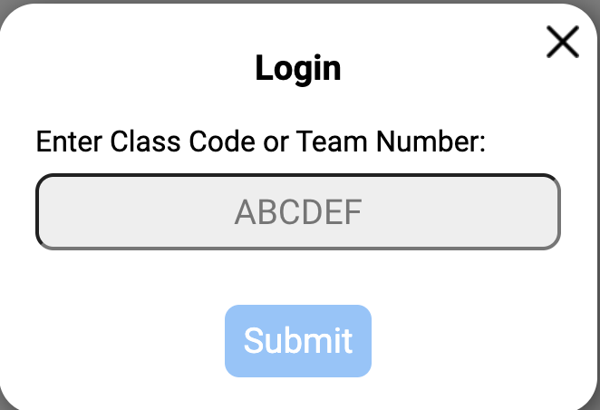 The Login prompt with a text box to enter your class code or team number.