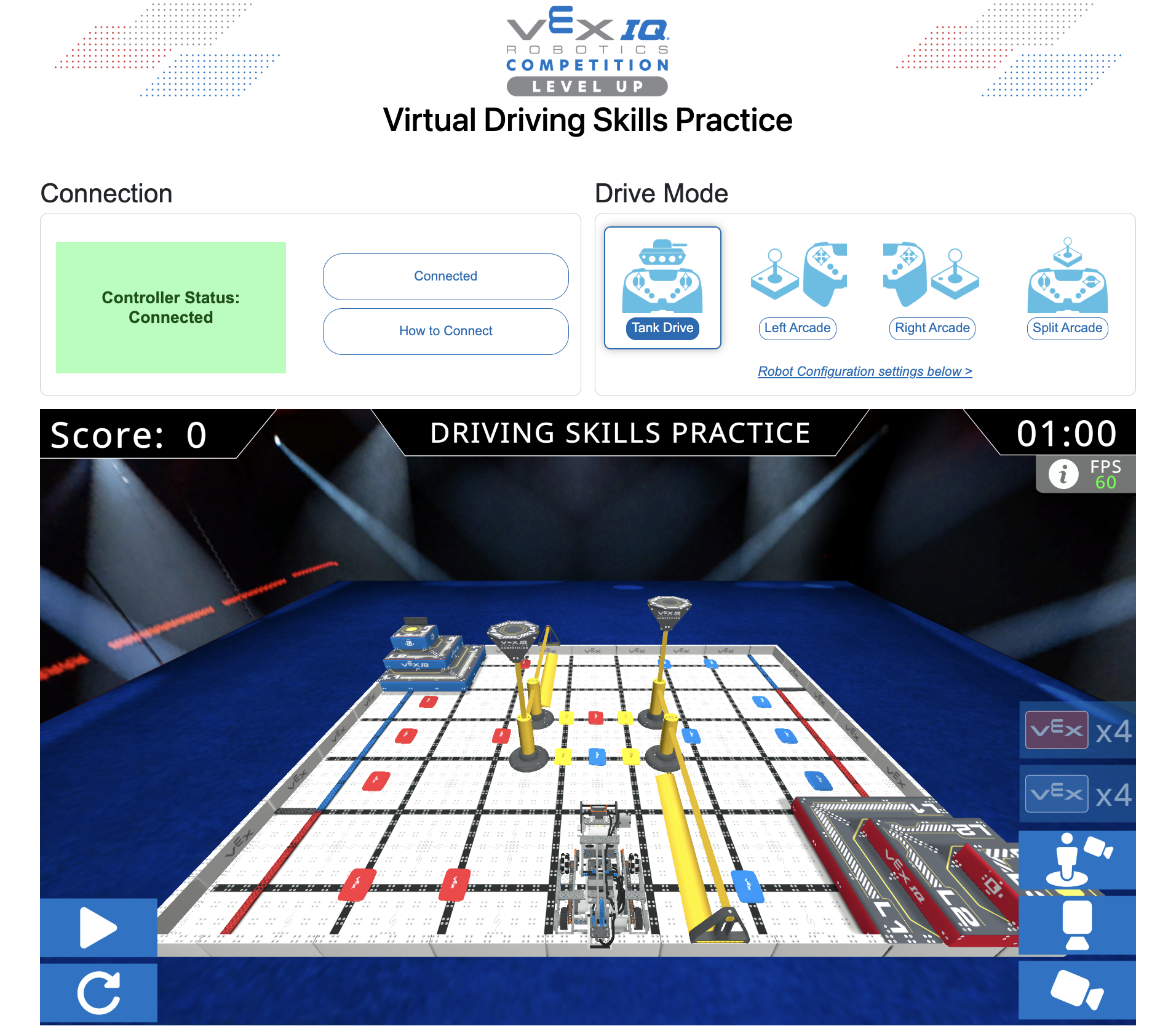 The Virtual Skills Practice window showing the Connection status in the upper left corner as green and Connected. In the upper right corner, the Drive Mode shows four options, Tank Drive is selected, and Left Arcade, Right Arcade, and Split Arcade, are pictured alongside. The Driving Skills Practice field is shown at the start of the match.