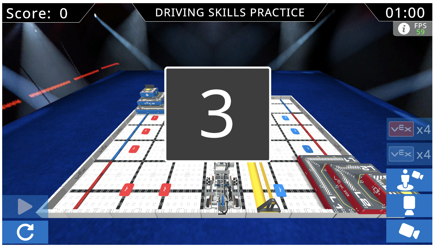 The Driving Skills Practice window with a large 3 in the center showing the countdown to the start of the match.
