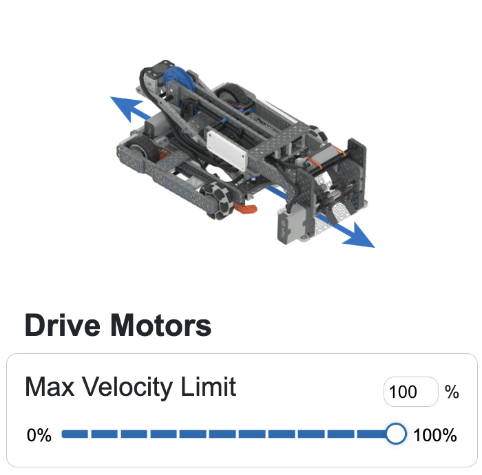 The Hero Bot Flop with forward and backward facing arrows extending from the front through the intake and the back between the rear wheels,. Beneath it reads Drive Motors with Max Velocity limit with a slider and text box to enter a value of 0 to 100 percent. 