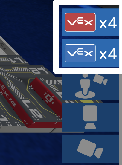 A close up of the lower right corner of the Practice window with the Match Load buttons highlighted above the camera buttons. The top button shows a red bean bag and reads x 4, the bottom shows a blue bean bag and reads x 4.