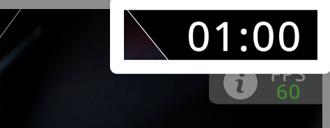 A close-up screenshot of the upper right corner of the Practice window, with the timer highlighted showing the time at 1 minute at the start of a match.