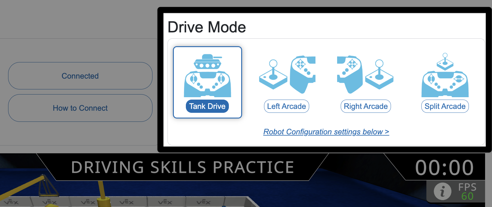 A screenshot of the upper right portion of the screen above the Practice Window reads Drive Mode and shows four options. Tank Drive is selected and the Left Arcade, Right Arcade, and Split Arcade shown beside it.