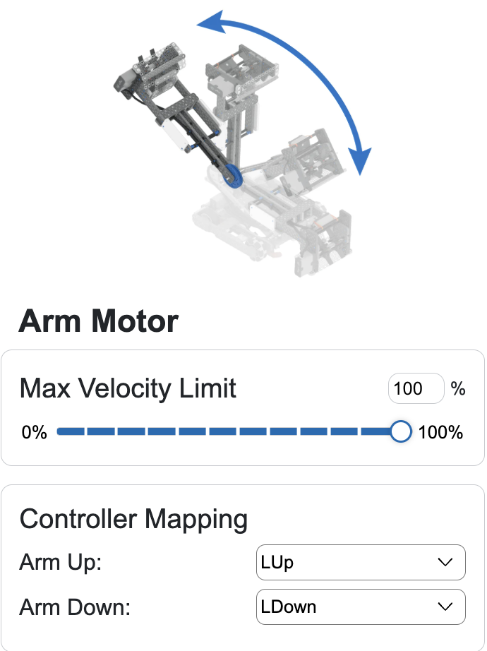 Flop's arm extended toward the rear of the robot with a double ended arrow showing the direction of movement. Beneath it reads Arm Motor and has a slider and text box to adjust the max velocity and controller mapping with drop downs for arm up and arm down.
