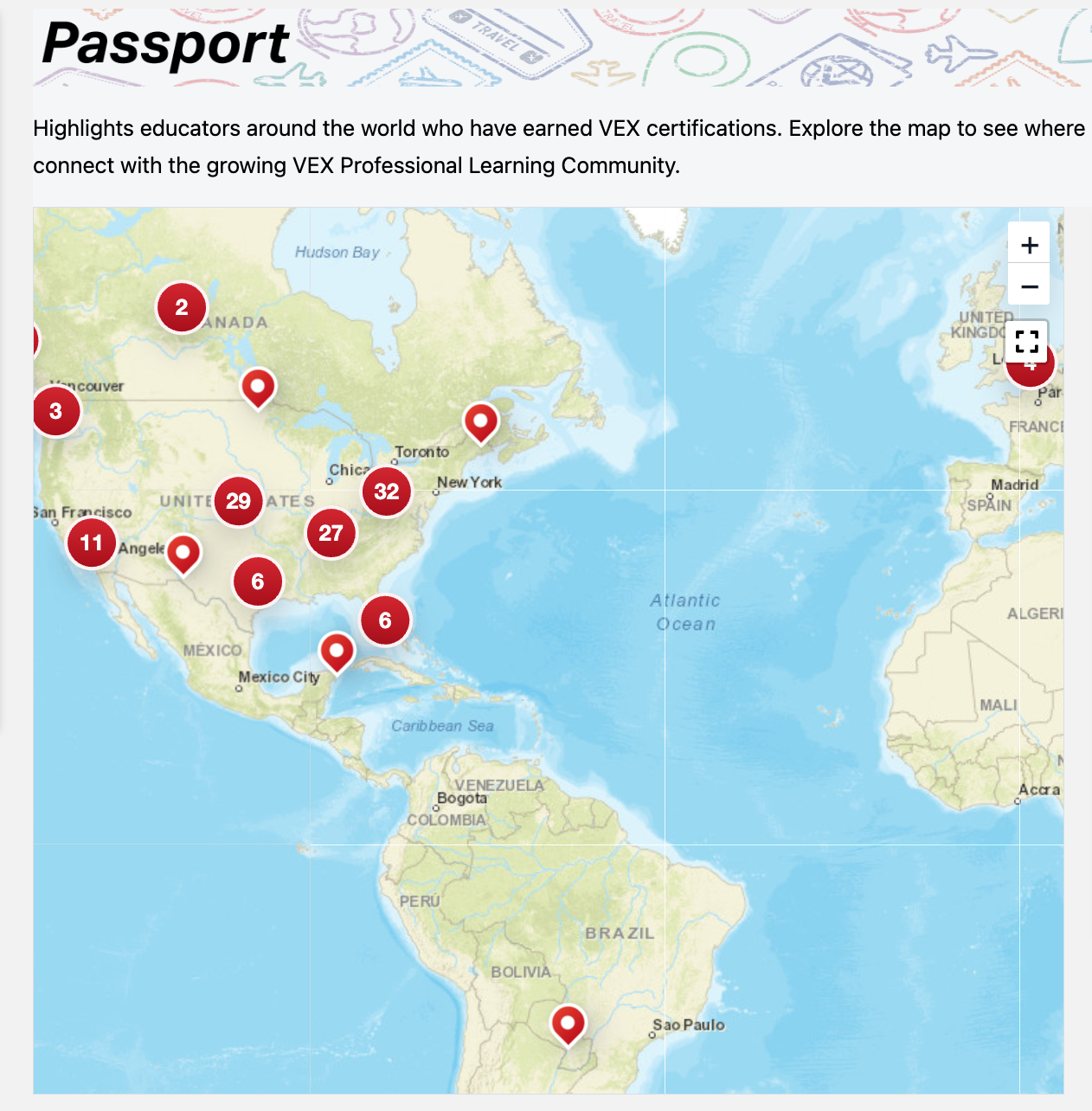 The Passport map in VEX PD+, with numbered pins showing where people who have earned VEX certifications are located.
