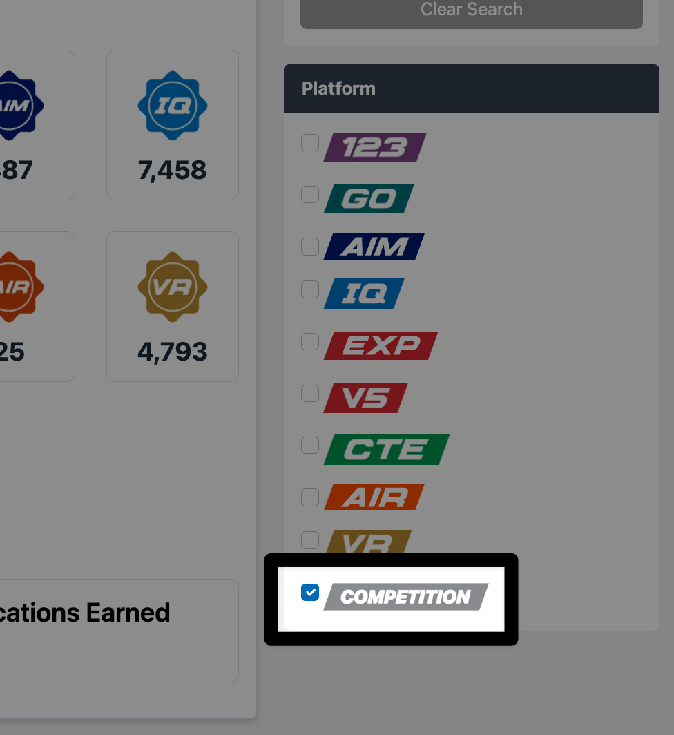 The Passport filter panel in VEX PD+, with the Competition filter selected at the bottom of the Platform list.