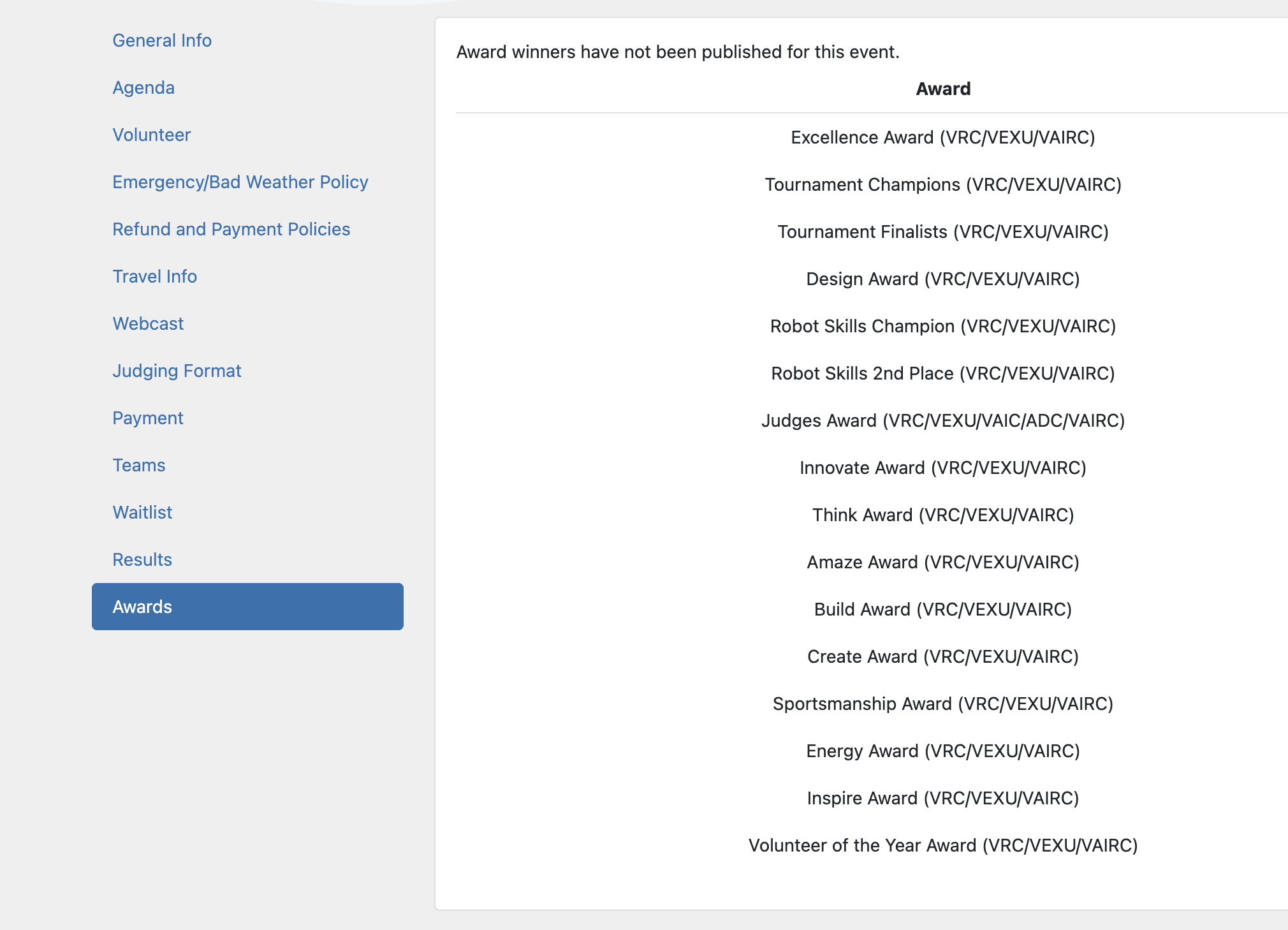 The Awards tab of an event page, listing the event's full award lineup from the Excellence Award through the Volunteer of the Year Award.