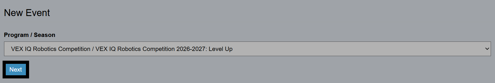 The New Event Program and Season page with the Next button highlighted.