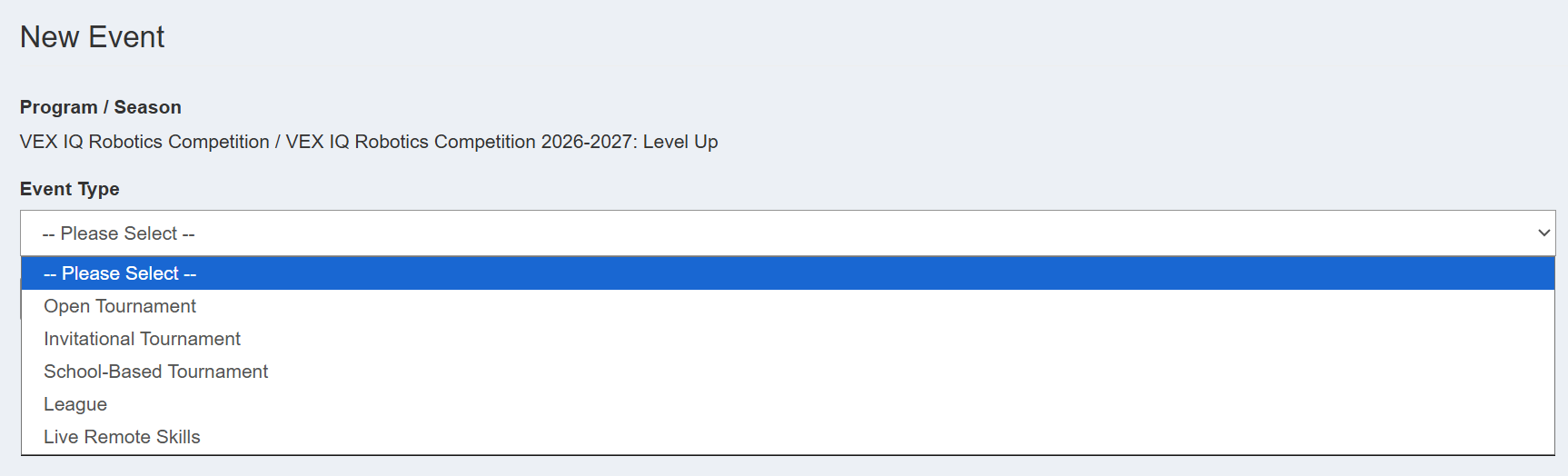The New Event page showing the selected Program / Season, with the Event Type dropdown expanded to list the available event types.