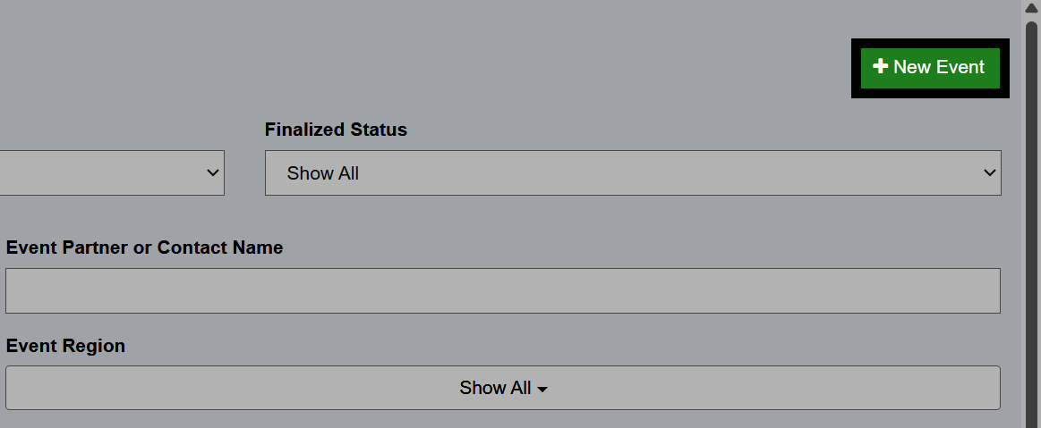 The Events page in Admin with the + New Event button highlighted.