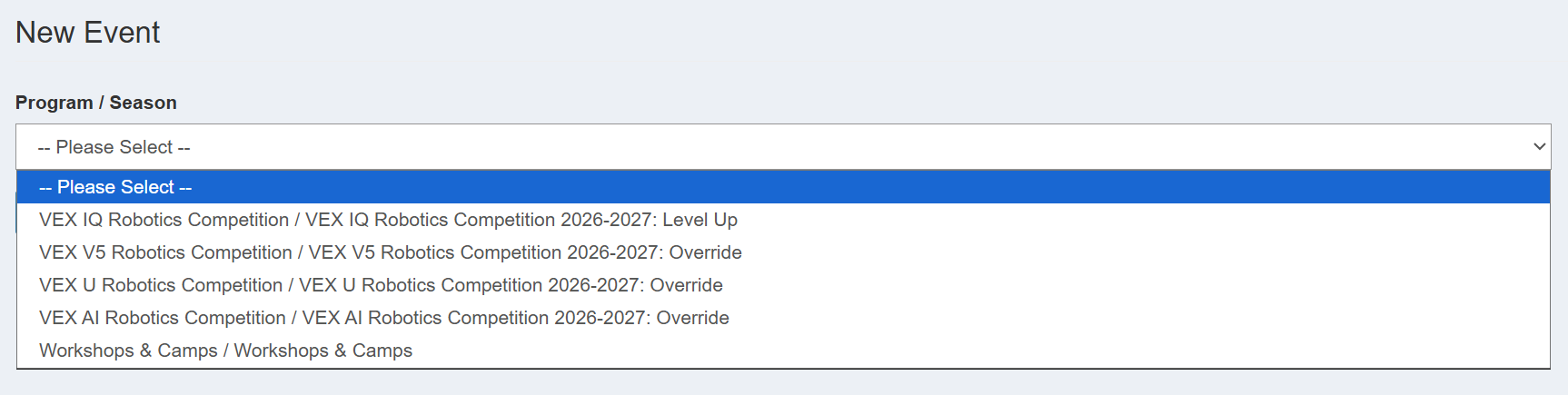 The New Event page with the Program / Season dropdown expanded, listing the available programs and seasons.
