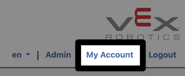 Closer view of the upper right corner of the previous image. The options have now changed to language, admin, my account, logout. A highlight is on the my account option.