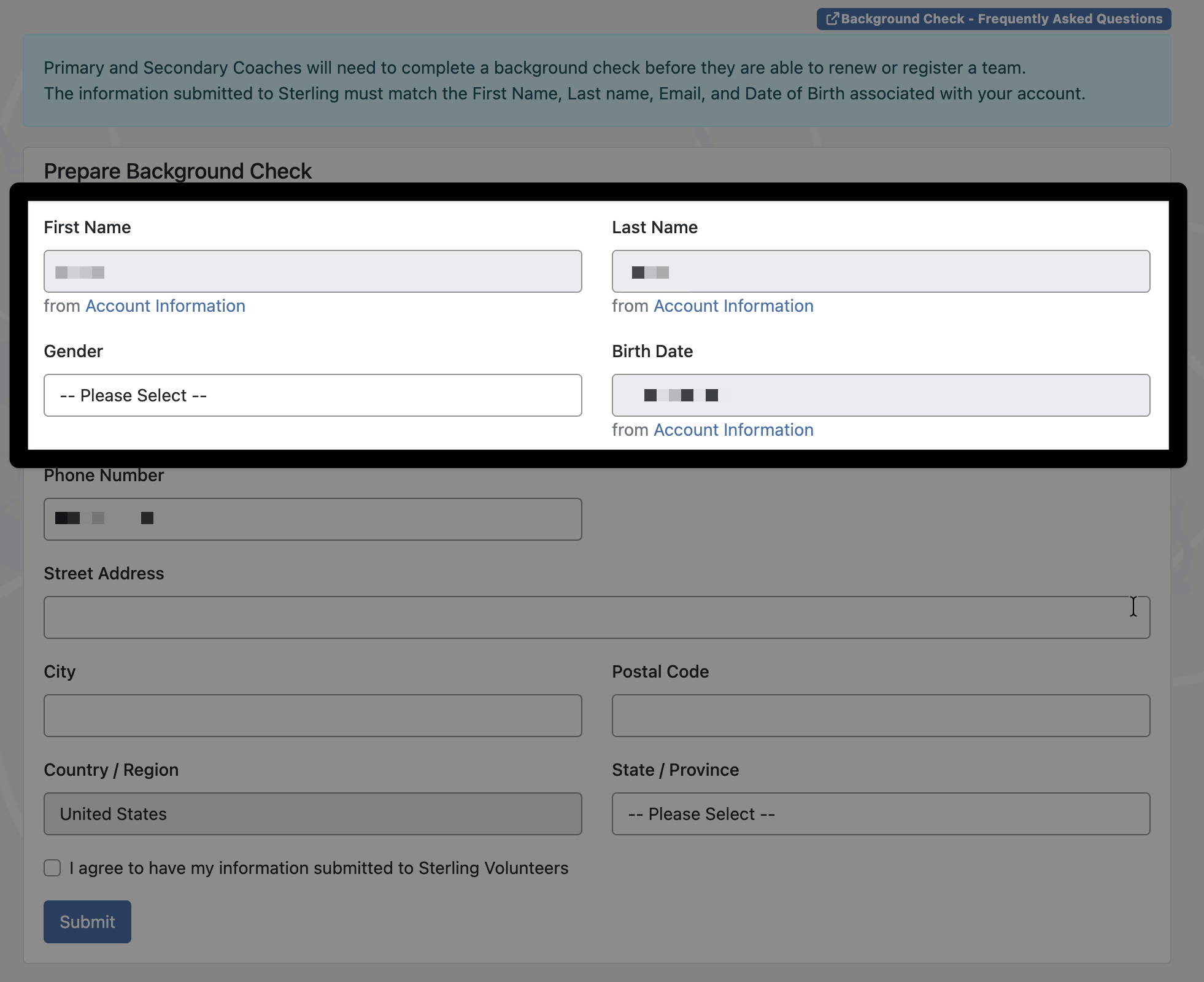 Background check form with some fields populated. Those prepopulated fields at the top of the form are highlighted to show where they are located.