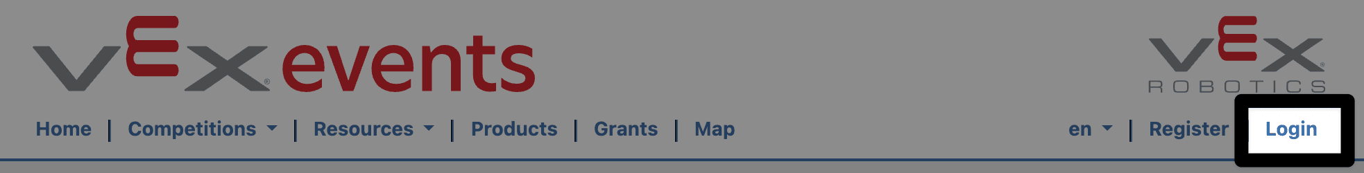 Header of events dot vex dot com with a highlight on the rightmost option labeled Login.