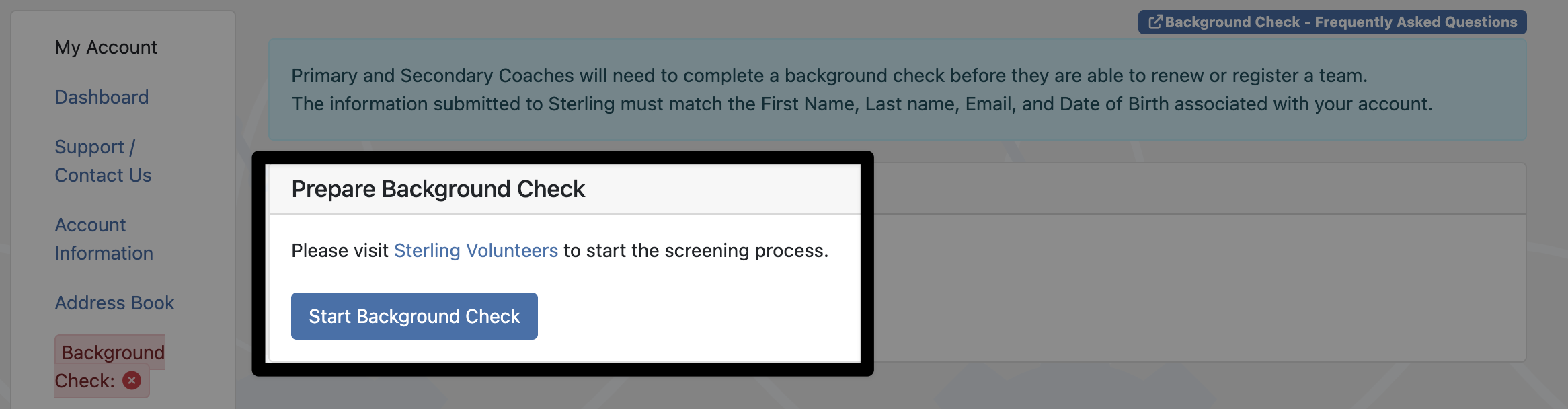 A new page in the account information under prepare background check.A button is highlighted and reads start background check. 