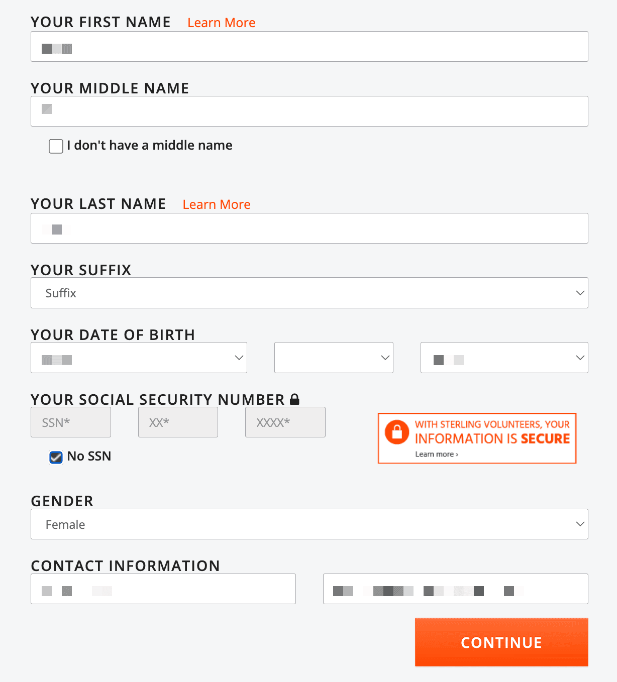 Background check form part 1 with information added. Privacy bars are on the information that is filled out.
