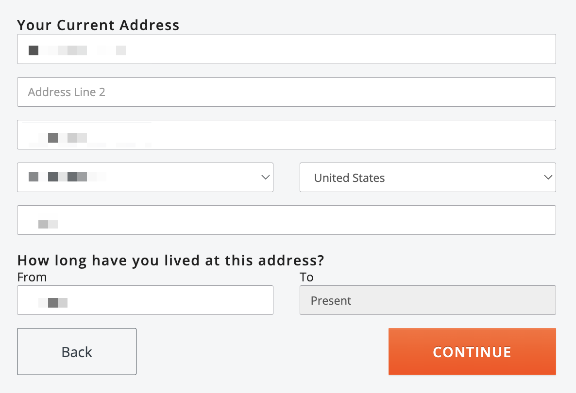 Address form filled out with privacy bars on the information.