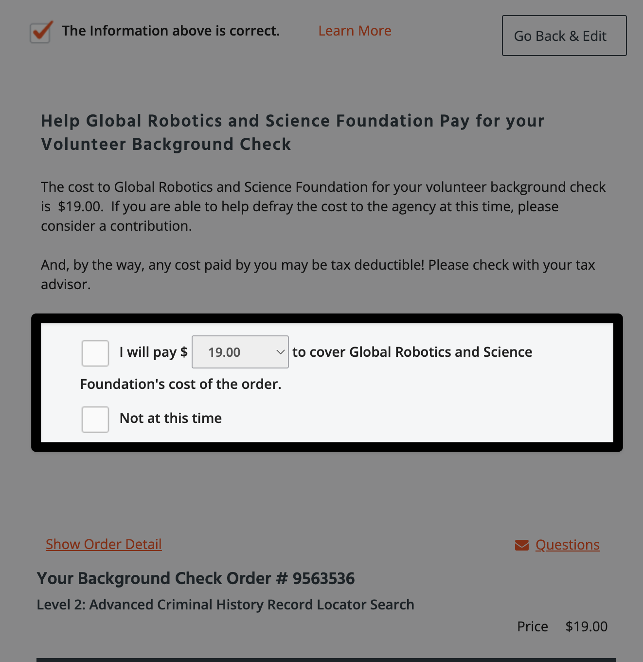 Sterling volunteers page from the image above with a note about donations to cover the cost of the background check.