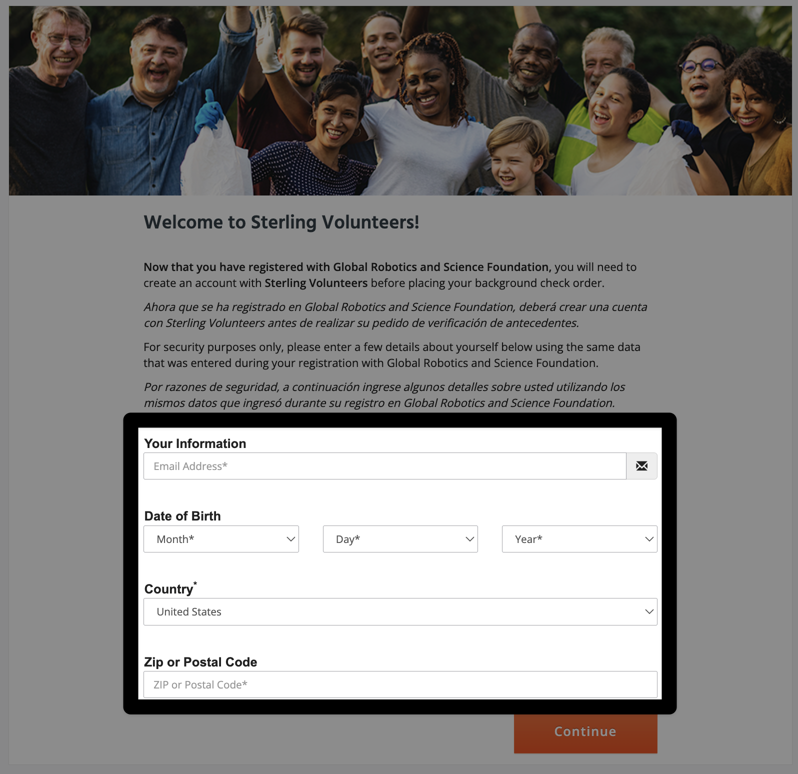 Sterling volunteer landing page with instructions and a form to begin the background check process.