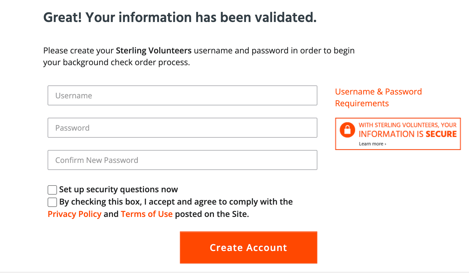 Sterling volunteers form with a place for username, password. confirm new password. and checkboxes for agreeing to policies.