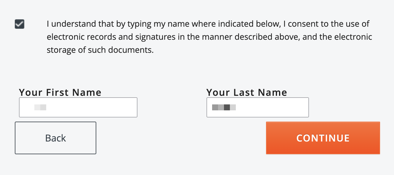Bottom of the notice page with a name typed in the boxes to indicate a signature.