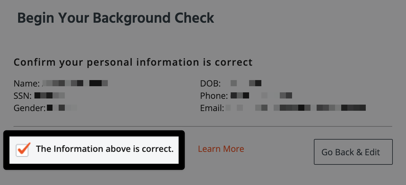 Personal information summarized marked over with privacy marks. The checkbox noting that the information is correct is checked and highlighted.