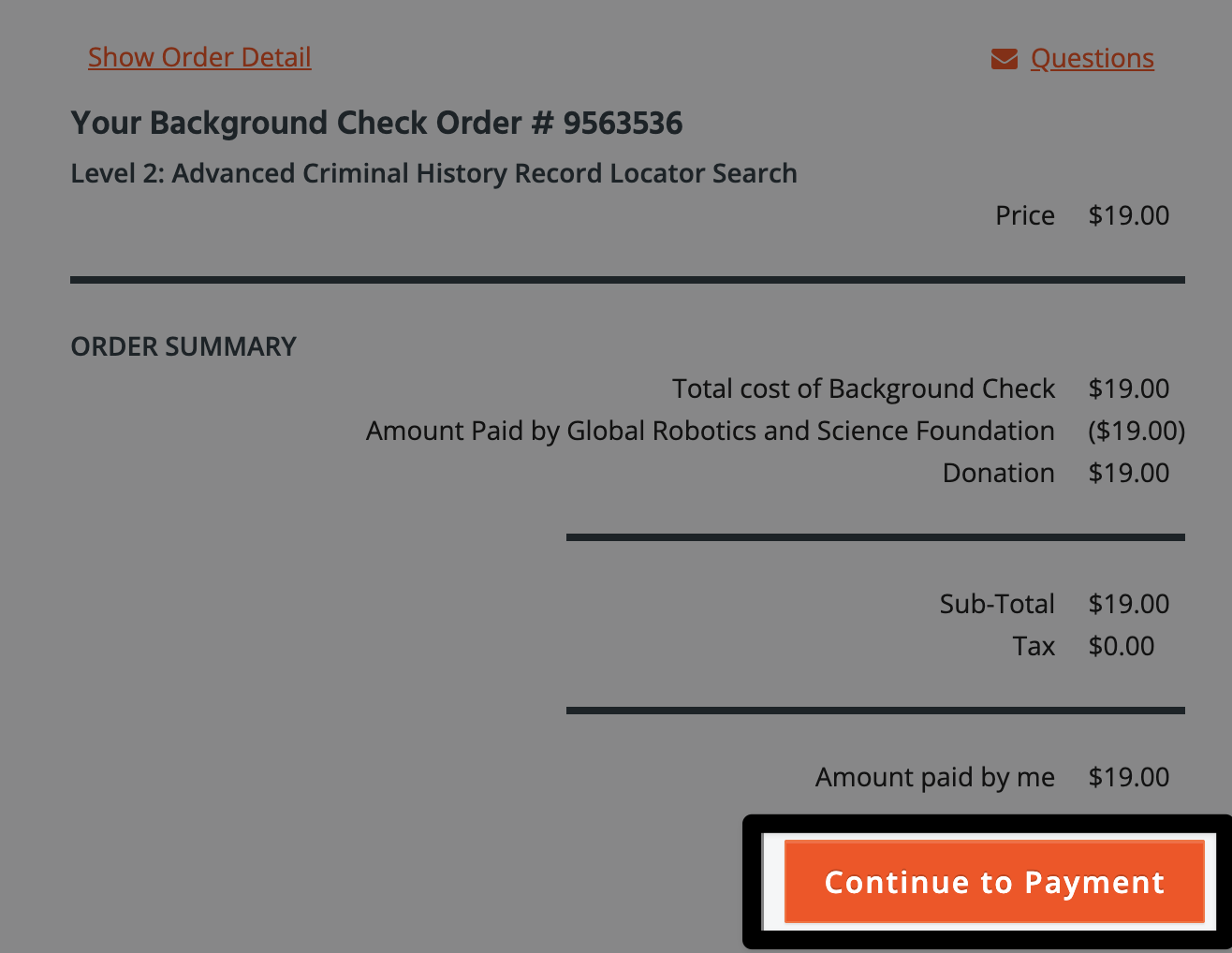 Payment area of the background check form with the continue to payment button in the bottom right highlighted.