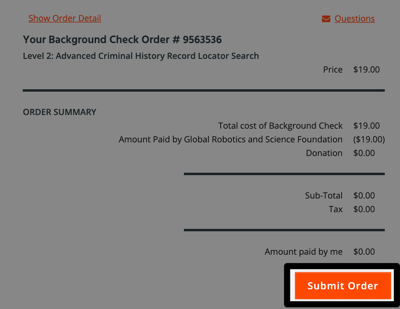 Payment area of the background check form with the submit order button in the bottom right highlighted.