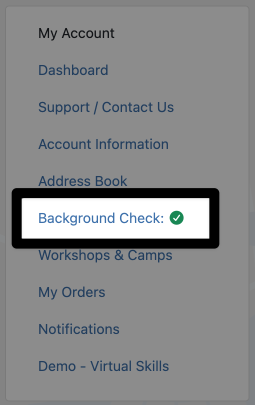 Dashboard in vex events. The sixth option in the list reads Background Check and has a green checkmark to the right.